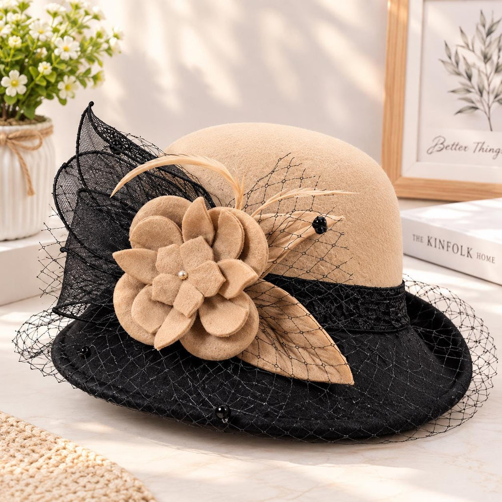 Wool Bucket Hat Women, Vintage Fall Winter Basin Hat, Mesh Flower Rolled Brim Fisherman Hat, Warm Knit Cloche Hat, Retro Winter Accessory