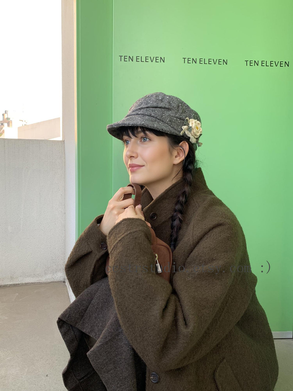 Gray Wool Newsboy Cap, Floral Appliqué, Adjustable Winter Hat