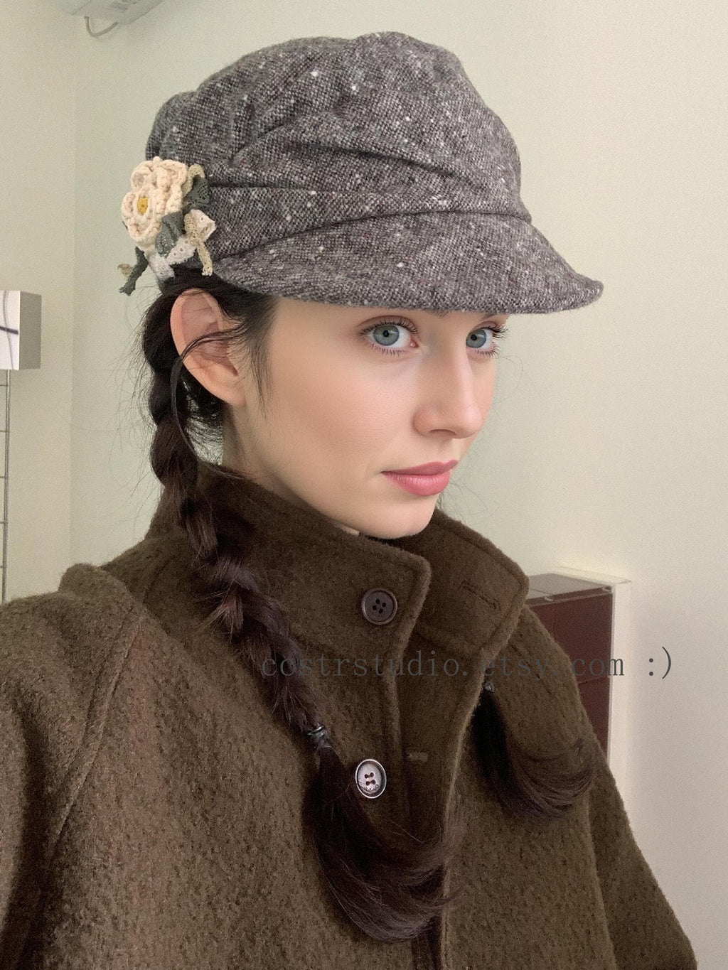 Gray Wool Newsboy Cap, Floral Appliqué, Adjustable Winter Hat