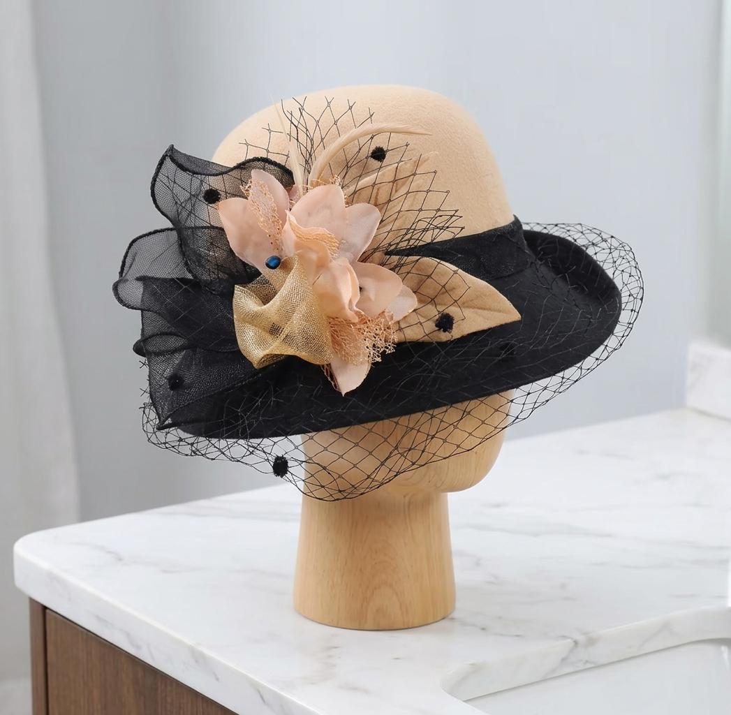 Wool Bucket Hat Women, Vintage Fall Winter Basin Hat, Mesh Flower Rolled Brim Fisherman Hat, Warm Knit Cloche Hat, Retro Winter Accessory