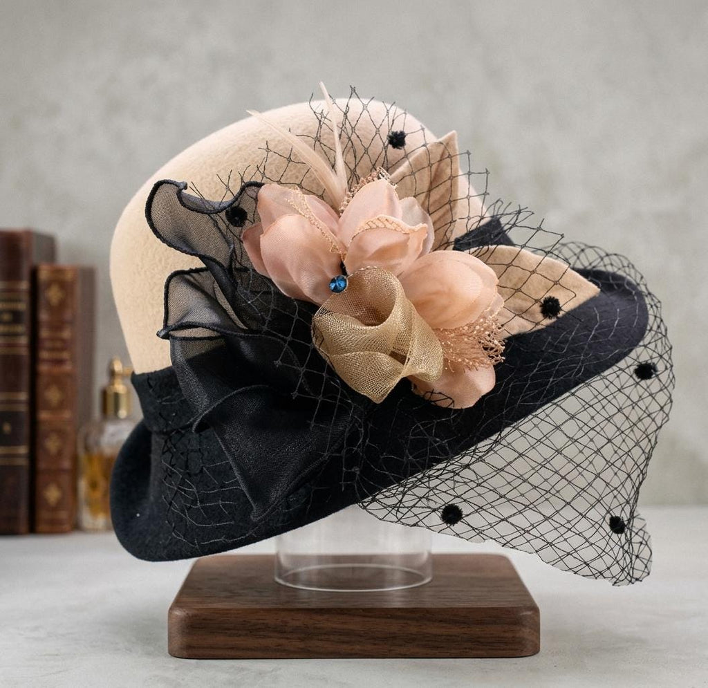 Wool Bucket Hat Women, Vintage Fall Winter Basin Hat, Mesh Flower Rolled Brim Fisherman Hat, Warm Knit Cloche Hat, Retro Winter Accessory