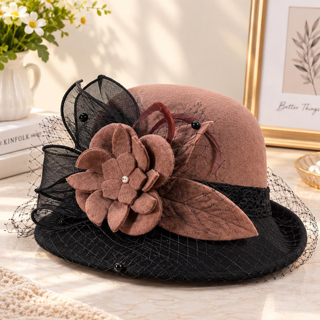 Wool Bucket Hat Women, Vintage Fall Winter Basin Hat, Mesh Flower Rolled Brim Fisherman Hat, Warm Knit Cloche Hat, Retro Winter Accessory